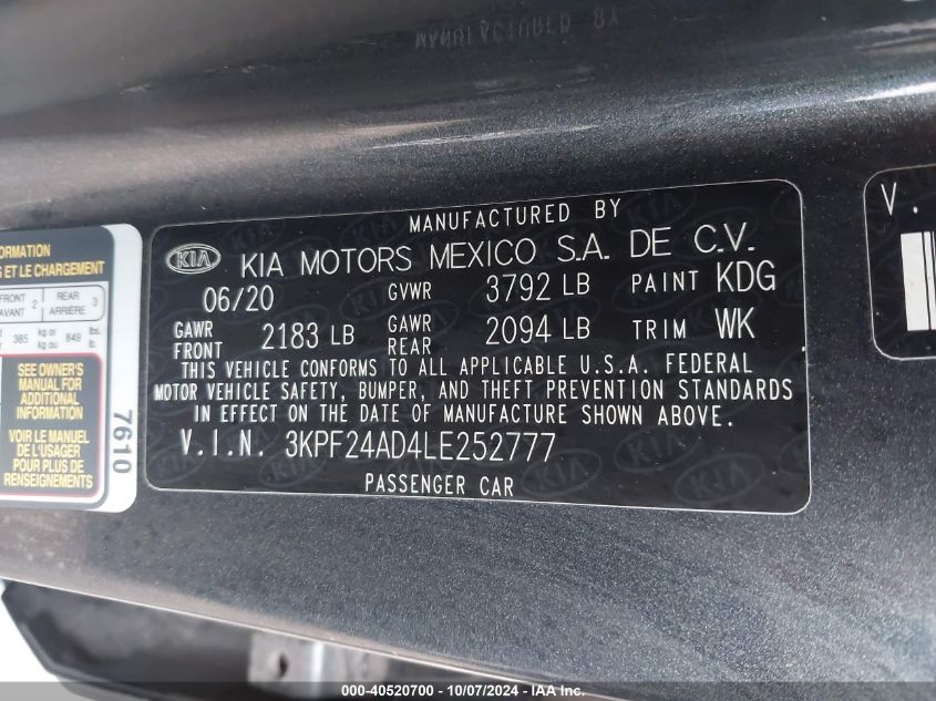 2020 Kia Forte Fe/Lxs VIN: 3KPF24AD4LE252777 Lot: 40520700