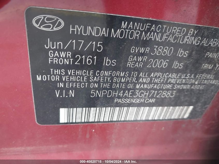 5NPDH4AE3GH712883 2016 Hyundai Elantra Se