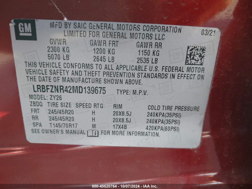 2021 Buick Envision Essence VIN: LRBFZNR42MD139675 Lot: 40520764