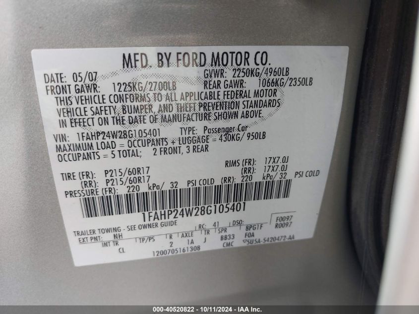 1FAHP24W28G105401 2008 Ford Taurus Sel