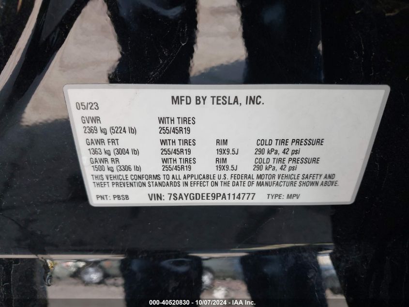 2023 Tesla Model Y VIN: 7SAYGDEE9PA114777 Lot: 40520830