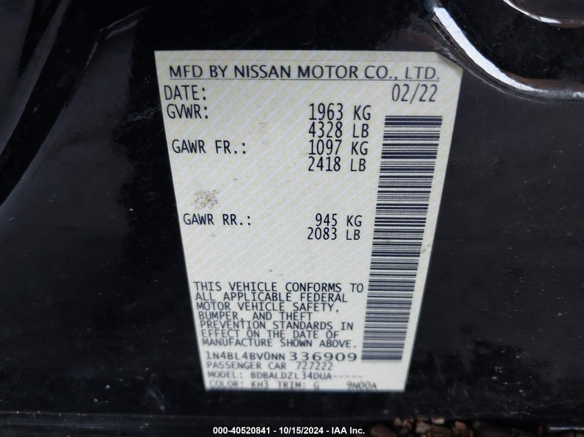 VIN 1N4BL4BV0NN336909 2022 NISSAN ALTIMA S FWD