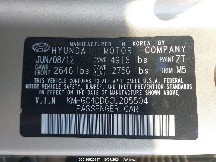 KMHGC4DD6CU205504 2012 Hyundai Genesis 3.8L