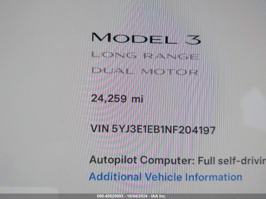 2022 Tesla Model 3 Long Range Dual Motor All-Wheel Drive VIN: 5YJ3E1EB1NF204197 Lot: 40520893