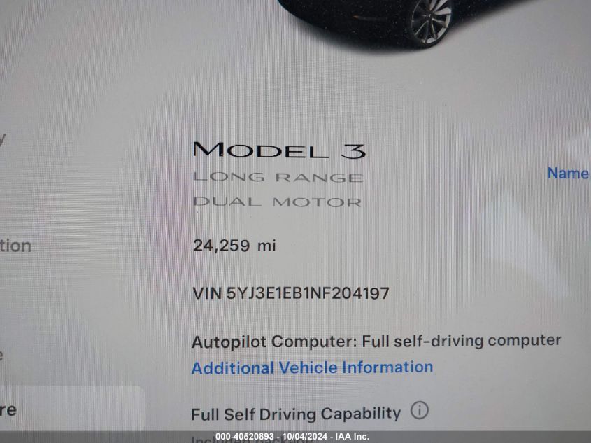 2022 Tesla Model 3 Long Range Dual Motor All-Wheel Drive VIN: 5YJ3E1EB1NF204197 Lot: 40520893