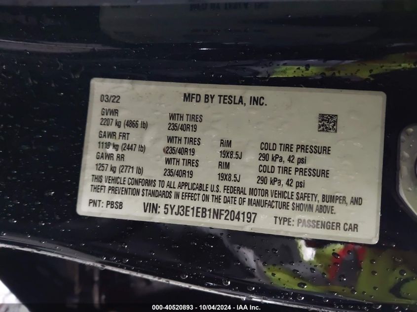 2022 Tesla Model 3 Long Range Dual Motor All-Wheel Drive VIN: 5YJ3E1EB1NF204197 Lot: 40520893