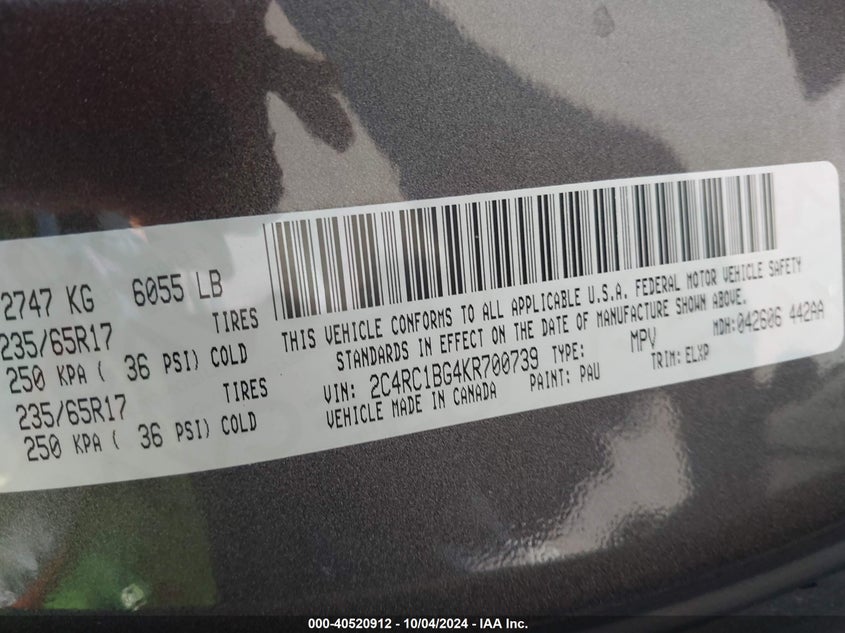 2019 CHRYSLER PACIFICA VIN: 2C4RC1BG4KR700739