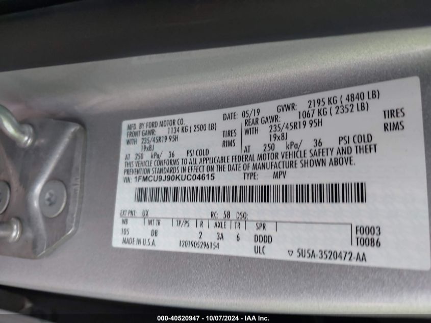 1FMCU9J90KUC04615 2019 Ford Escape Titanium