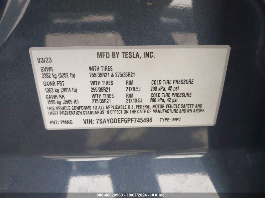 2023 Tesla Model Y VIN: 7SAYGDEF6PF745496 Lot: 40520960