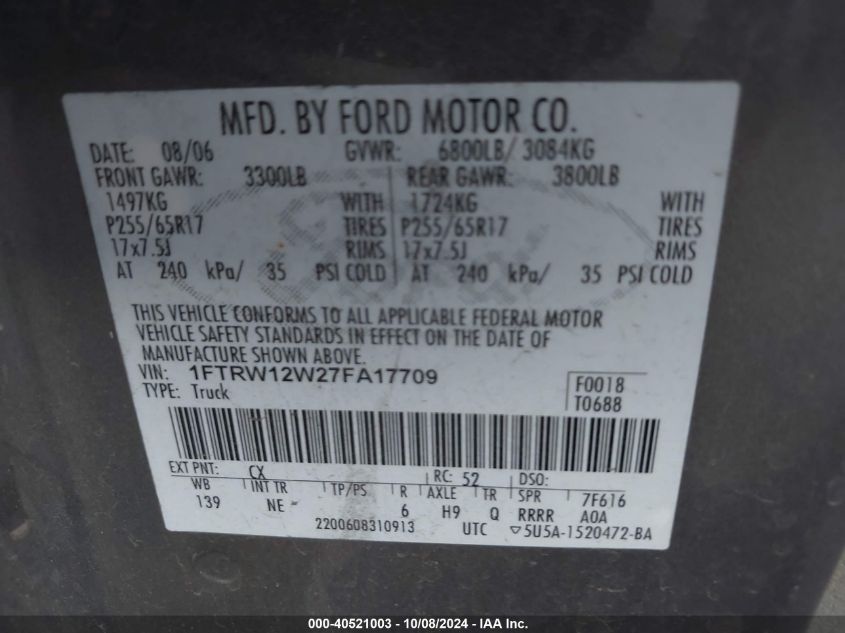 01FTRW12W27FA1770 2007 Ford F150 Supercrew