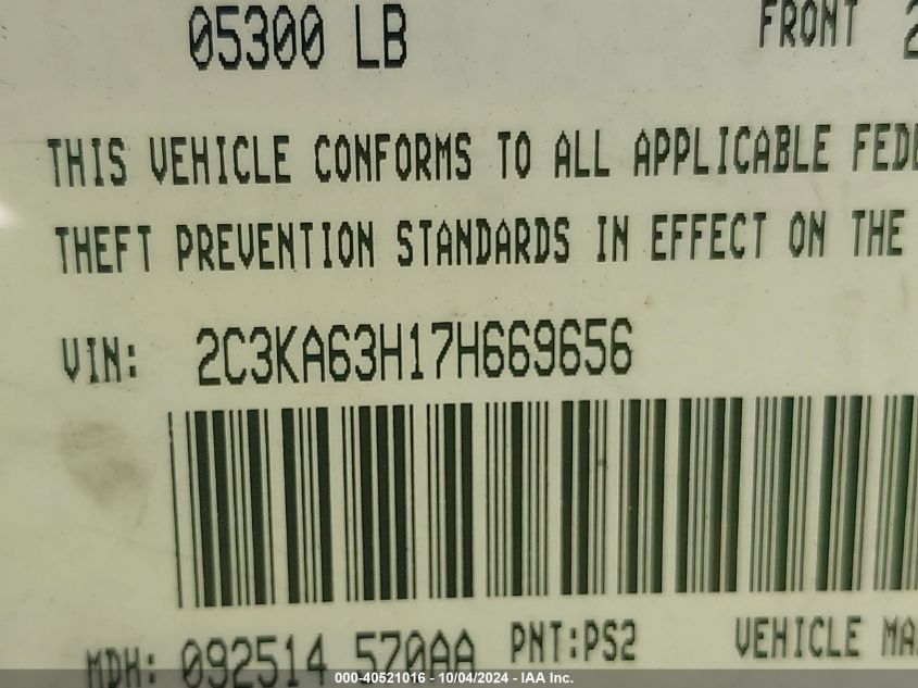 2007 Chrysler 300C VIN: 2C3KA63H17H669656 Lot: 40521016