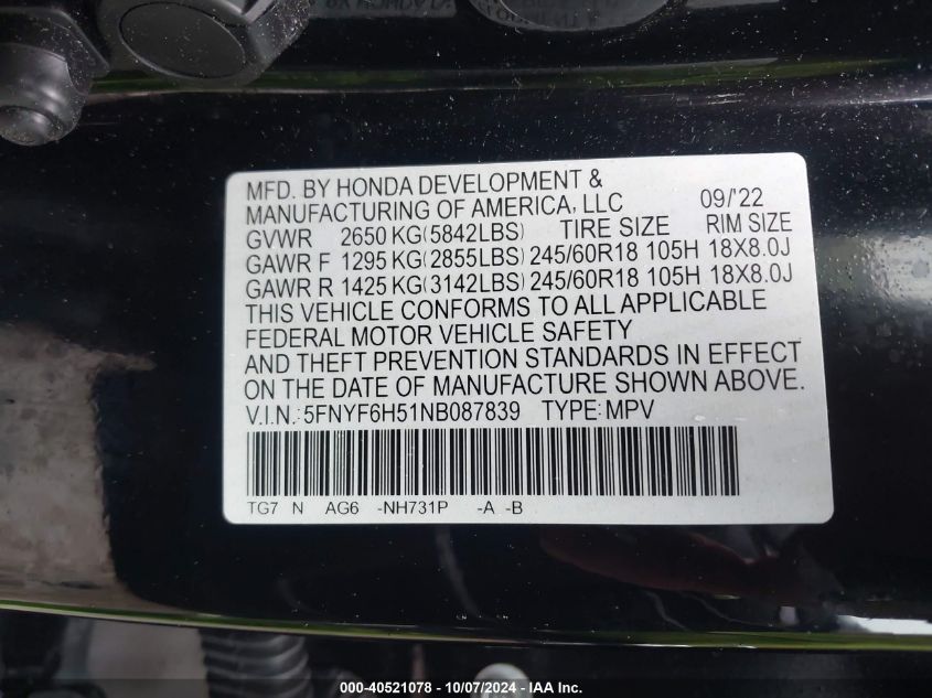 5FNYF6H51NB087839 2022 Honda Pilot Exl