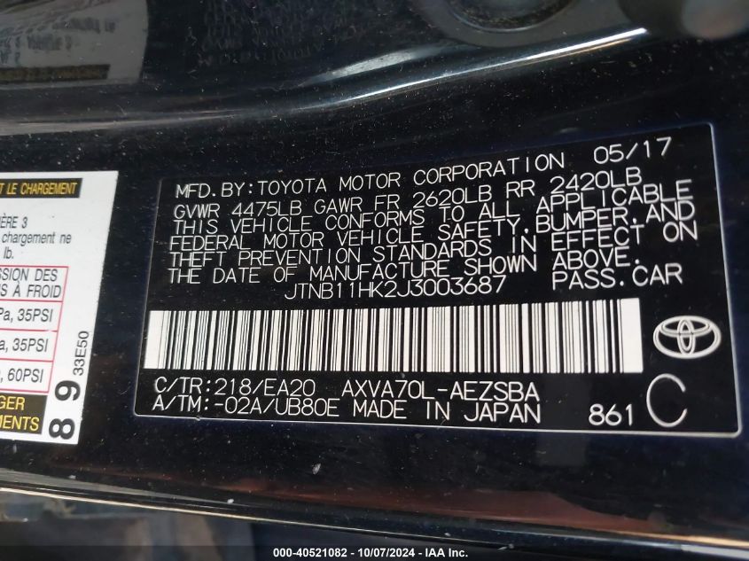 JTNB11HK2J3003687 2018 Toyota Camry L/Le/Xle/Se/Xse