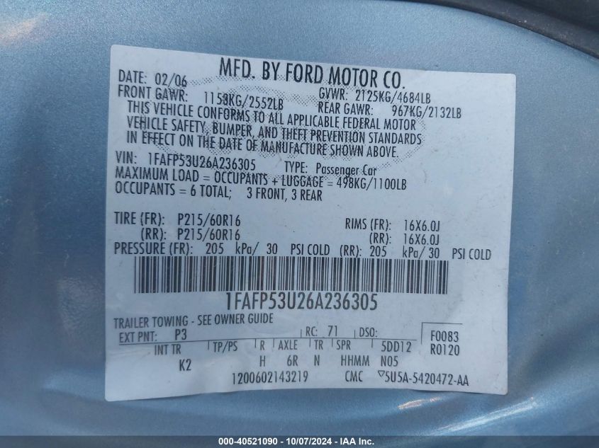 1FAFP53U26A236305 2006 Ford Taurus Se