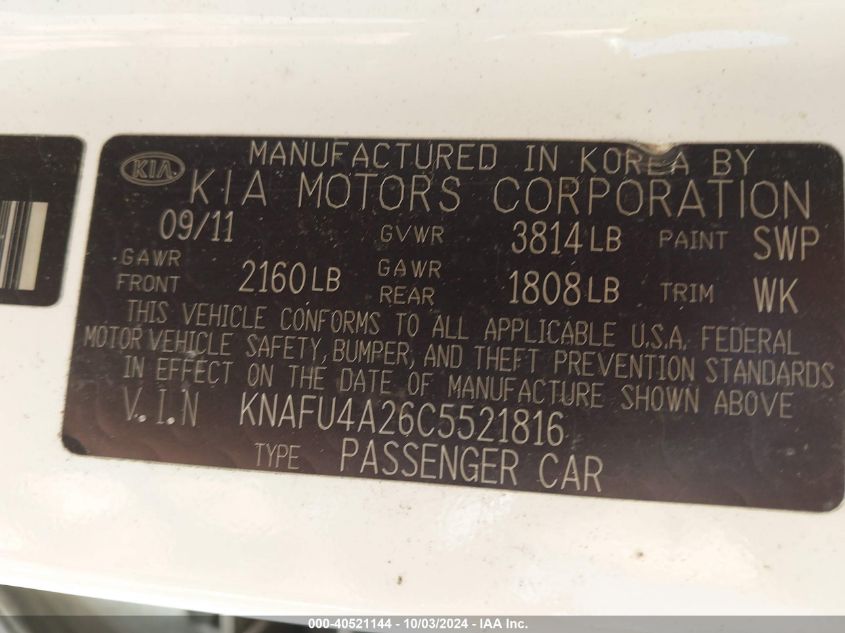 KNAFU4A26C5521816 2012 Kia Forte Ex