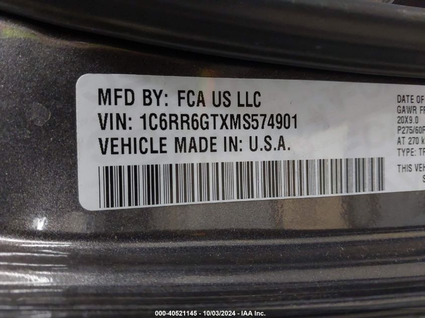 2021 Ram 1500 Classic Warlock 4X2 6'4 Box VIN: 1C6RR6GTXMS574901 Lot: 40521145