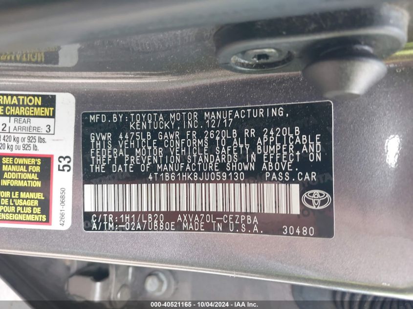 4T1B61HK8JU059130 2018 Toyota Camry Xse