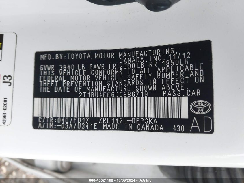 2T1BU4EE6DC986719 2013 Toyota Corolla S/Le