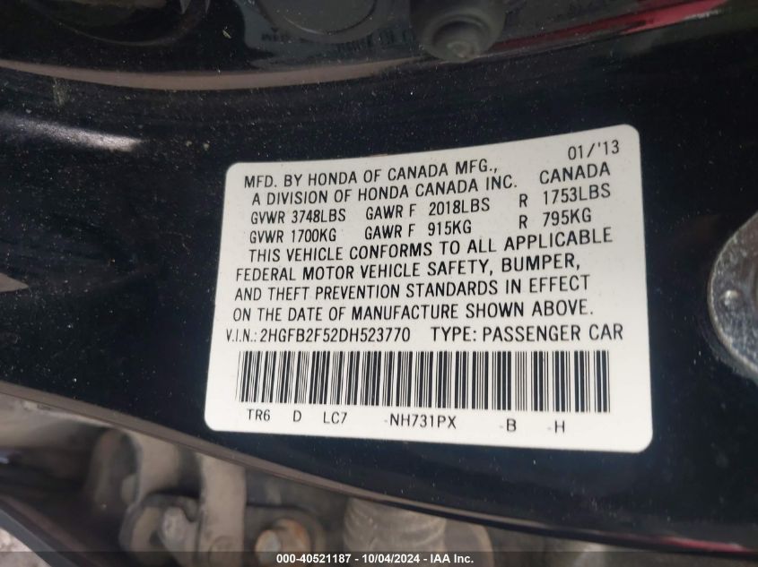 2HGFB2F52DH523770 2013 Honda Civic Lx