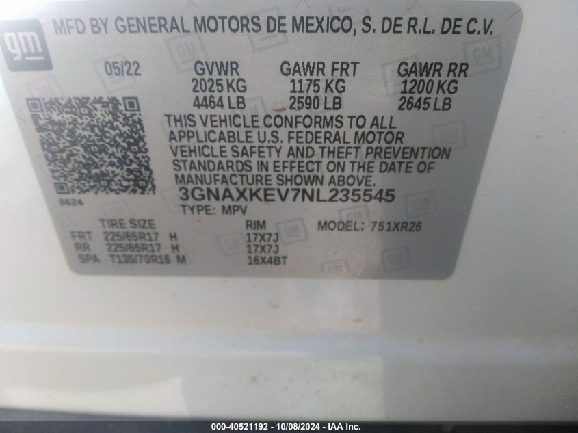 3GNAXKEV7NL235545 2022 Chevrolet Equinox Lt