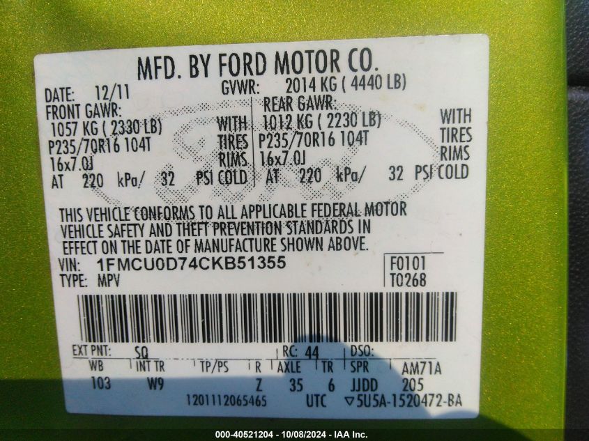 1FMCU0D74CKB51355 2012 Ford Escape Xlt