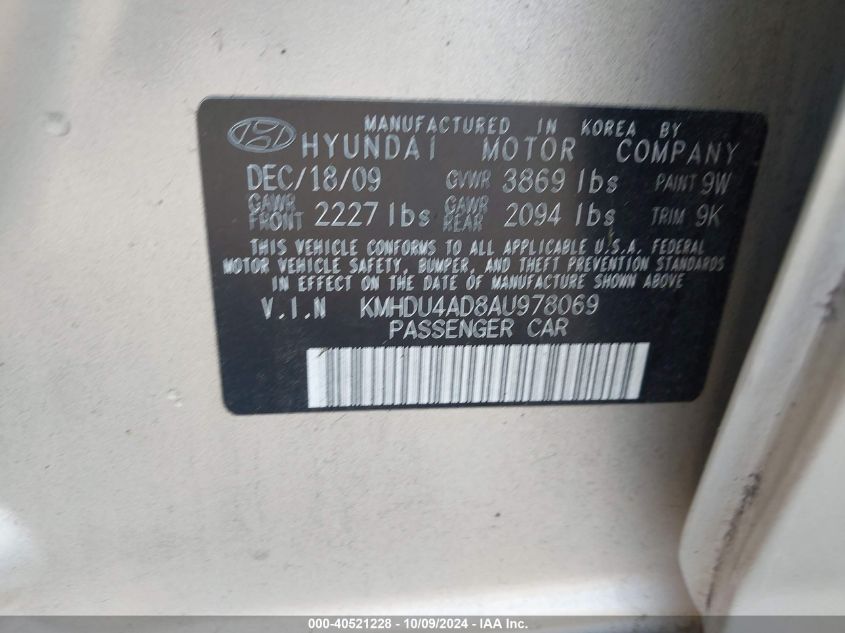 KMHDU4AD8AU978069 2010 Hyundai Elantra Blue/Gls/Se