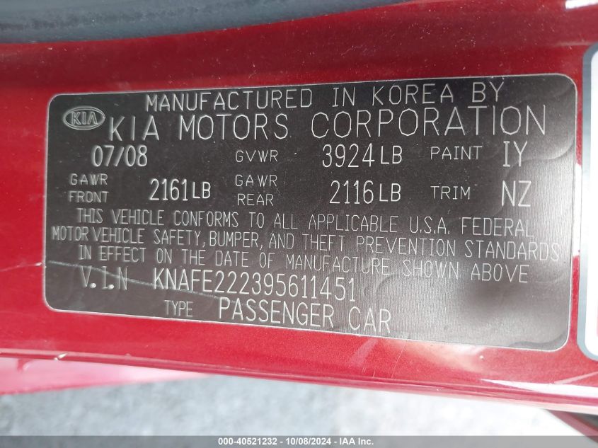 KNAFE222395611451 2009 Kia Spectra Ex