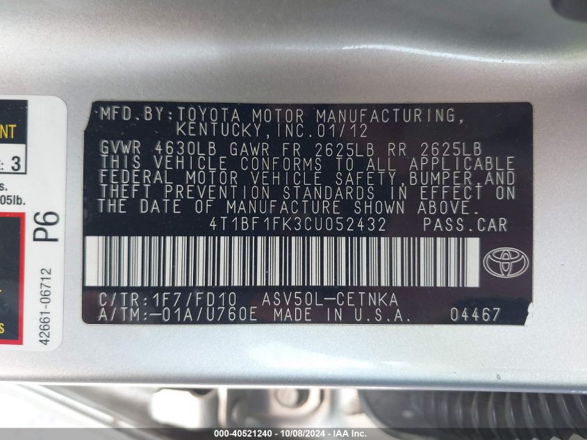 4T1BF1FK3CU052432 2012 Toyota Camry Se/Le/Xle