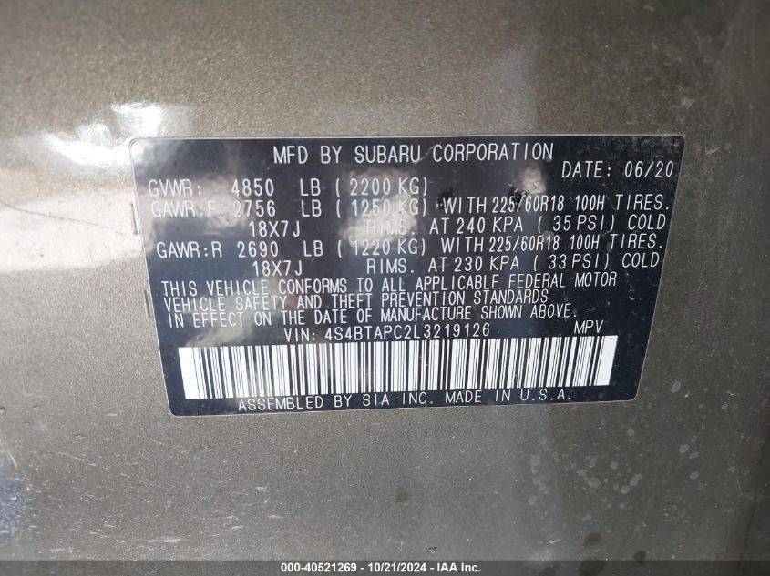 VIN 4S4BTAPC2L3219126 2020 SUBARU OUTBACK no.9