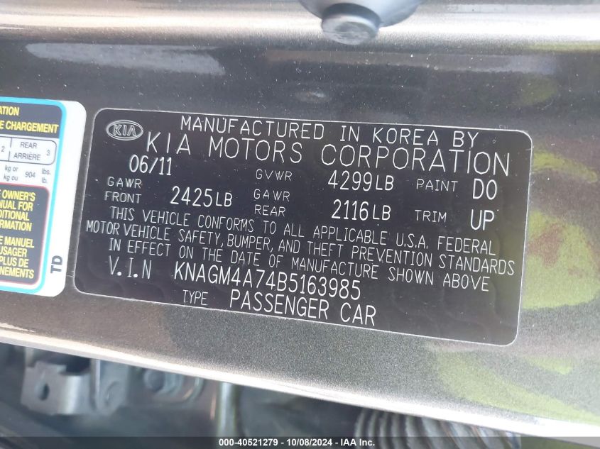 KNAGM4A74B5163985 2011 Kia Optima Lx