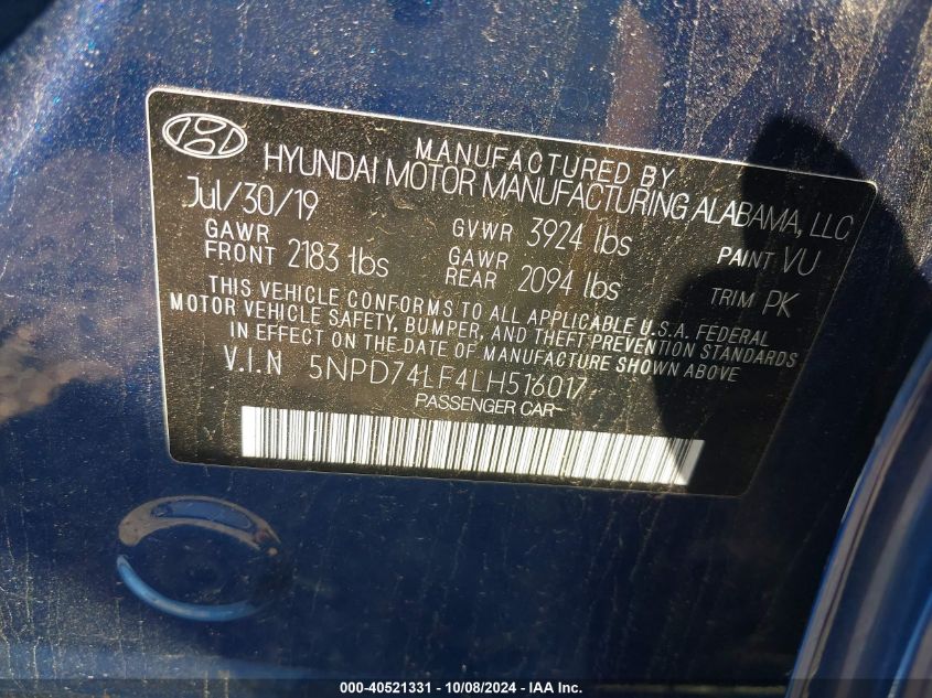 5NPD74LF4LH516017 2020 Hyundai Elantra Se