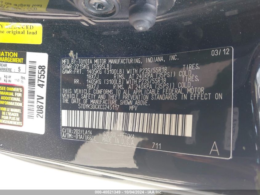 5TDYK3DCXCS245117 2012 Toyota Sienna Limited V6 7 Passenger