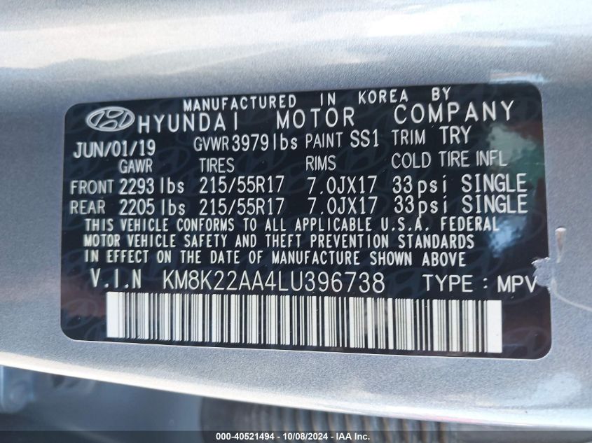 2020 Hyundai Kona Sel VIN: KM8K22AA4LU396738 Lot: 40521494