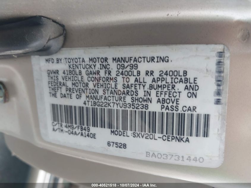 4T1BG22K7YU935238 2000 Toyota Camry Ce/Le/Xle