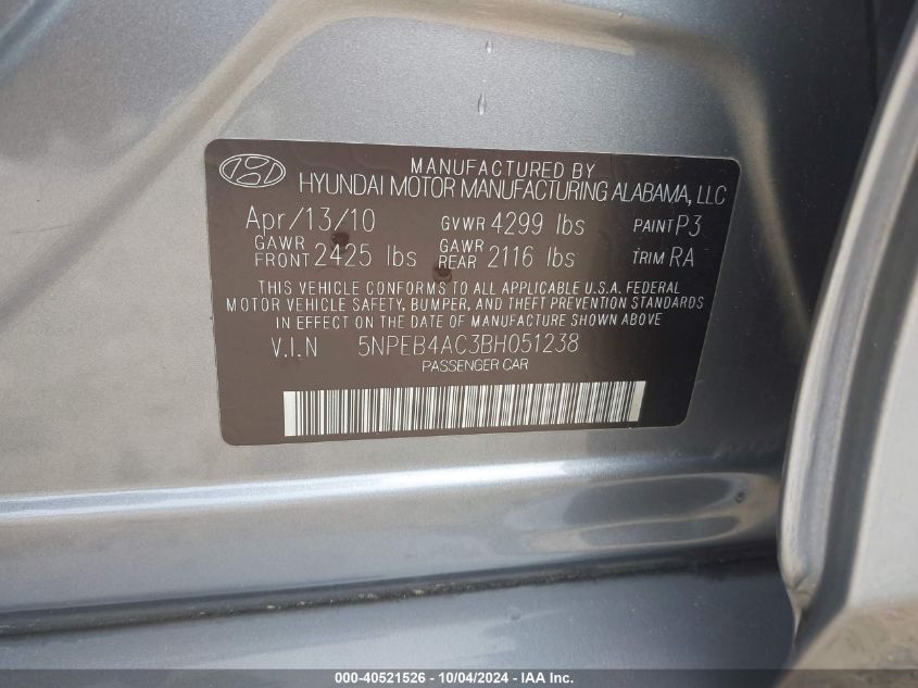 5NPEB4AC3BH051238 2011 Hyundai Sonata Gls