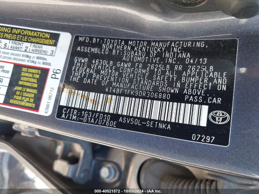 4T4BF1FK9DR306880 2013 Toyota Camry Le