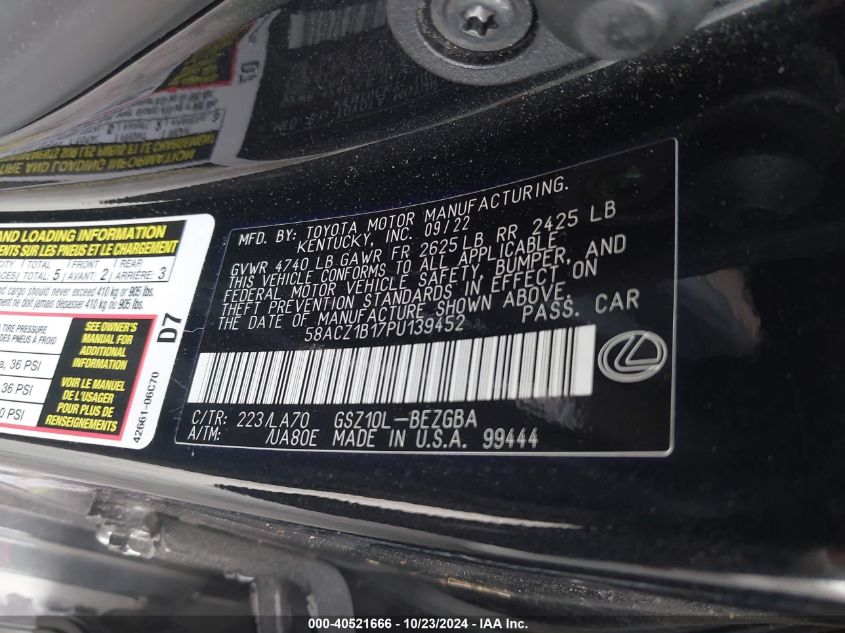 VIN 58ACZ1B17PU139452 2023 Lexus ES, 350 no.9