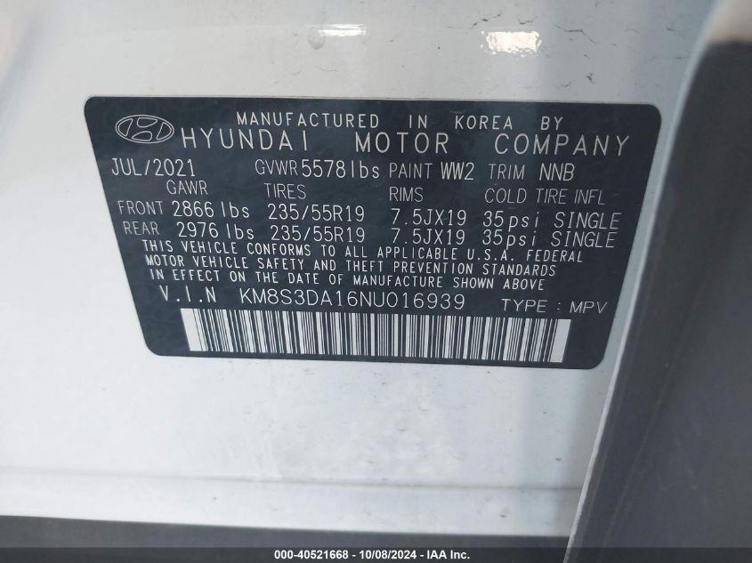 2022 Hyundai Santa Fe Hybrid Sel Premium VIN: KM8S3DA16NU016939 Lot: 40521668