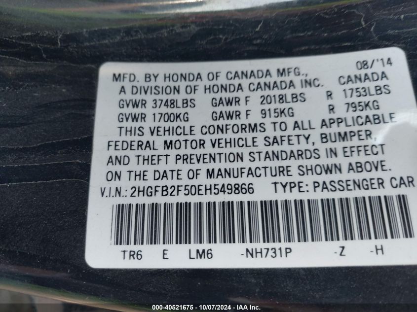 2HGFB2F50EH549866 2014 Honda Civic Lx