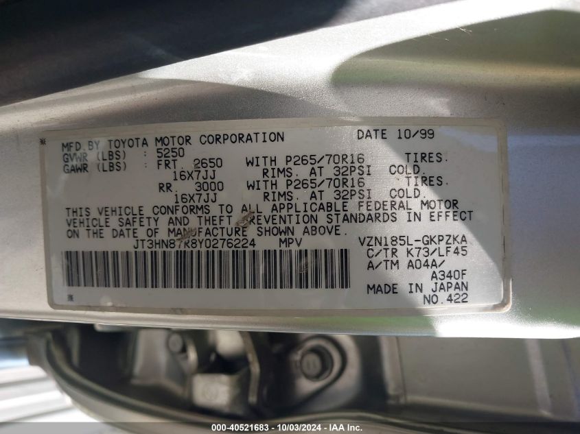 JT3HN87R8Y0276224 2000 Toyota 4Runner Limited V6