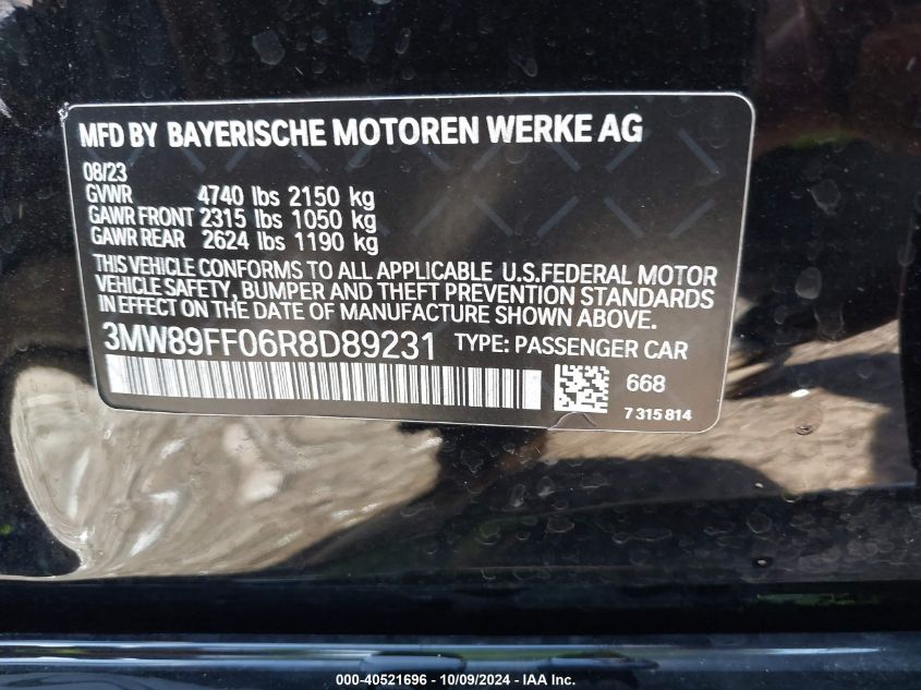 2024 BMW 3 Series 330I xDrive VIN: 3MW89FF06R8D89231 Lot: 40521696