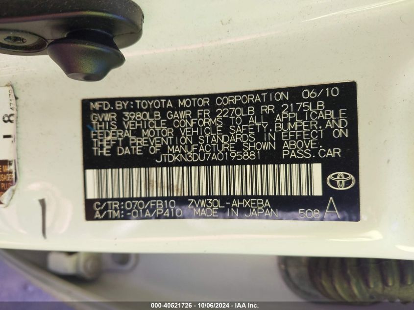 2010 Toyota Prius Iii VIN: JTDKN3DU7A0195881 Lot: 40521726