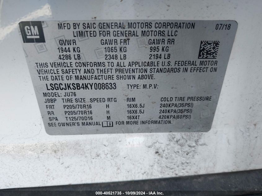 LSGCJKSB4KY008633 2019 Chevrolet Trax Ls