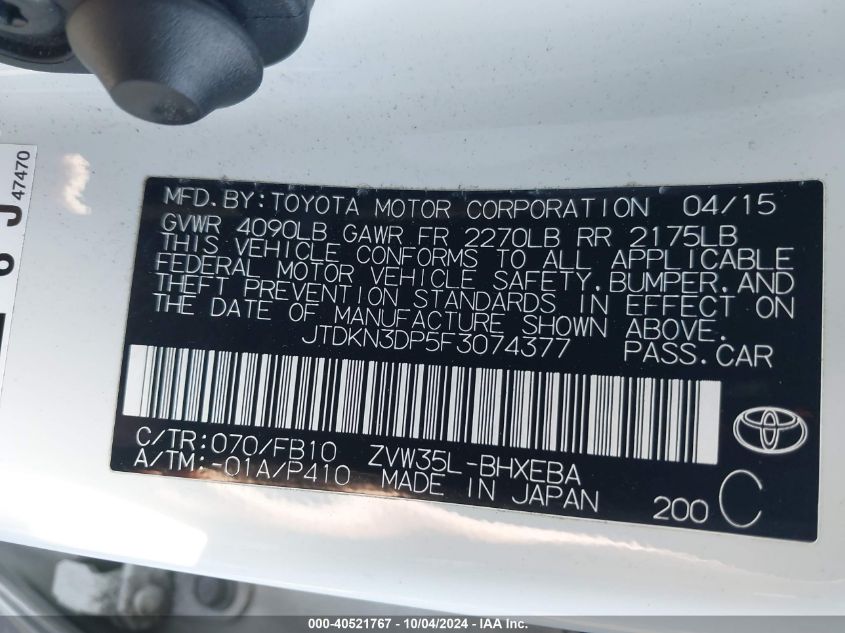 2015 Toyota Prius Plug-In VIN: JTDKNPDP5F3074377 Lot: 40521767