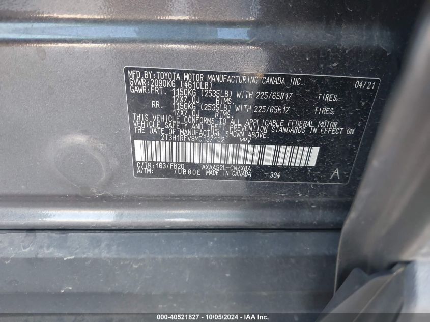 2T3H1RFV8MC137102 2021 Toyota Rav4 Le