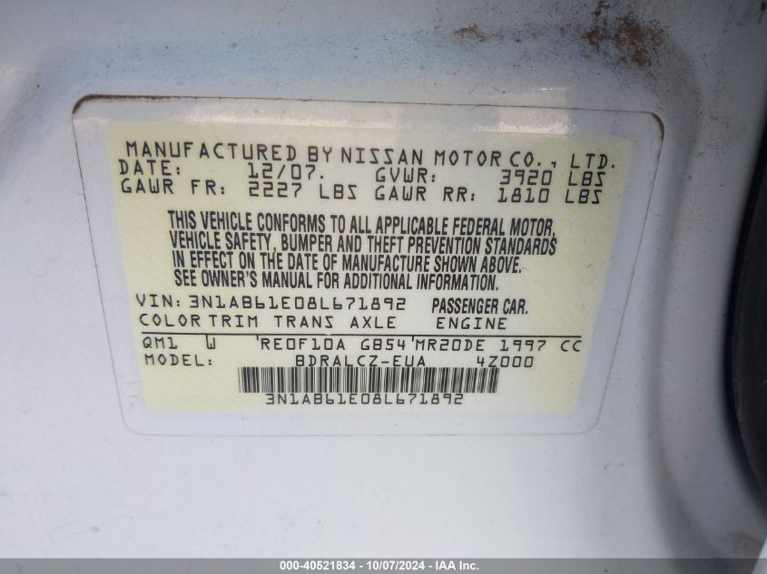 3N1AB61E08L671892 2008 Nissan Sentra 2.0/2.0S/2.0Sl