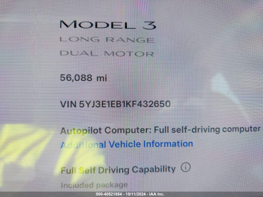 2019 Tesla Model 3 VIN: 5YJ3E1EB1KF432650 Lot: 40521854