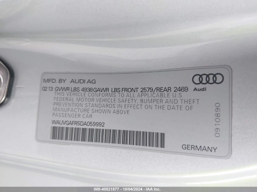 2013 Audi S5 3.0T Premium Plus VIN: WAUVGAFR5DA059992 Lot: 40521877