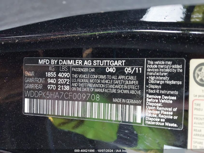 2012 Mercedes-Benz Slk 350 350 VIN: WDDPK5HA7CF009708 Lot: 40521895