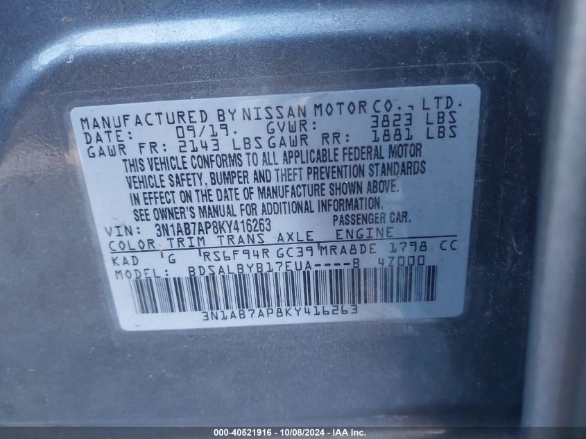 3N1AB7AP8KY416263 2019 Nissan Sentra S/Sv/Sr/Sl